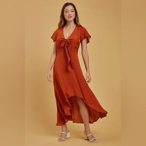 Francesca’s Trixxi Tie Front Satin Midi Dress in Burnt Orange Size M